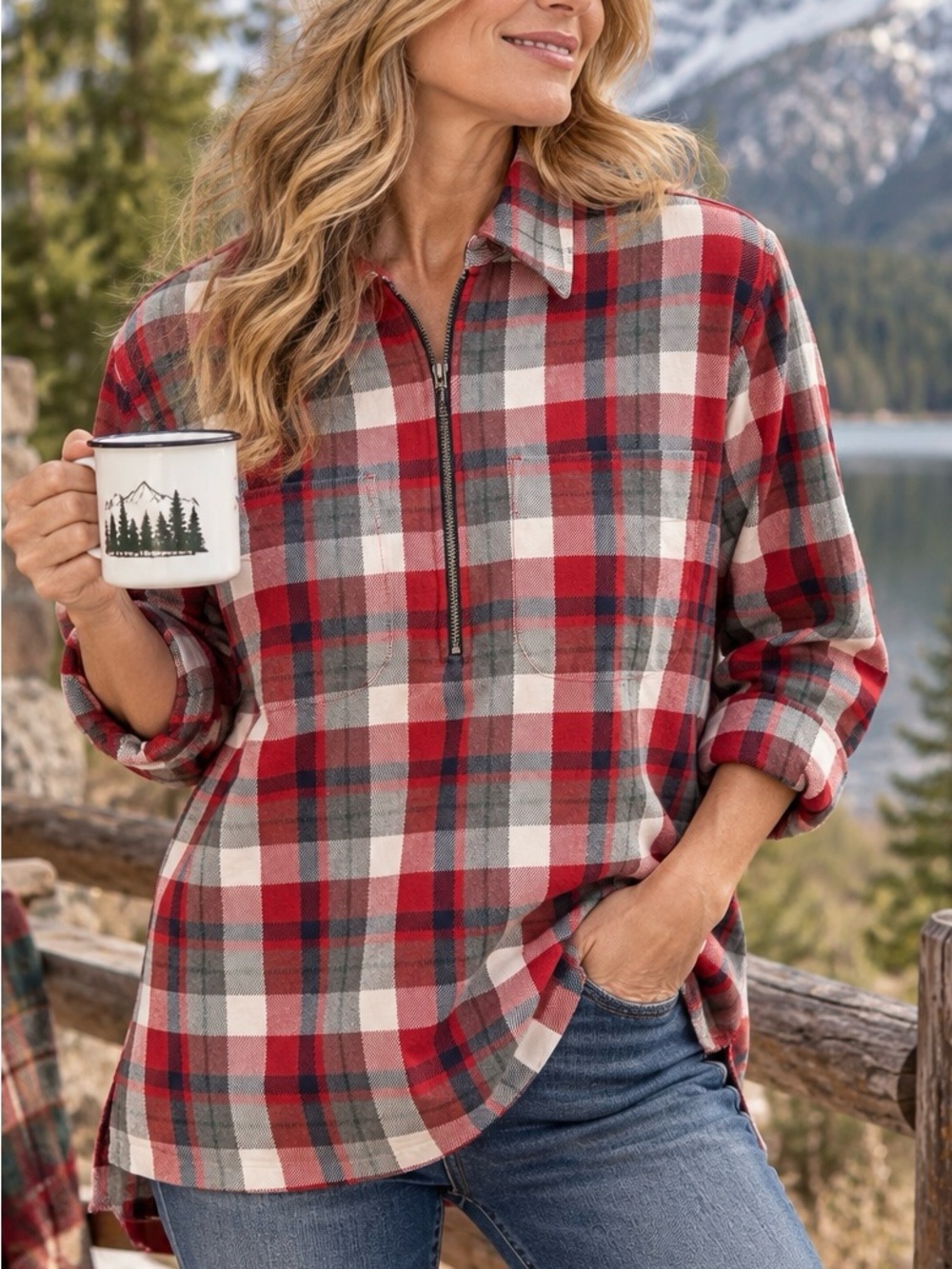 Vintage Eddie Bauer Womens XSP Plaid Flannel Half Zip Tunic Shirt 90s Hong Kong